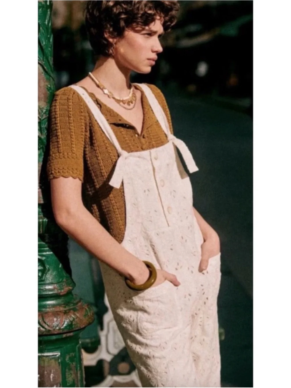 Sezane Brian Eyelet Linen-Blend Overalls in Cream/Ecru
